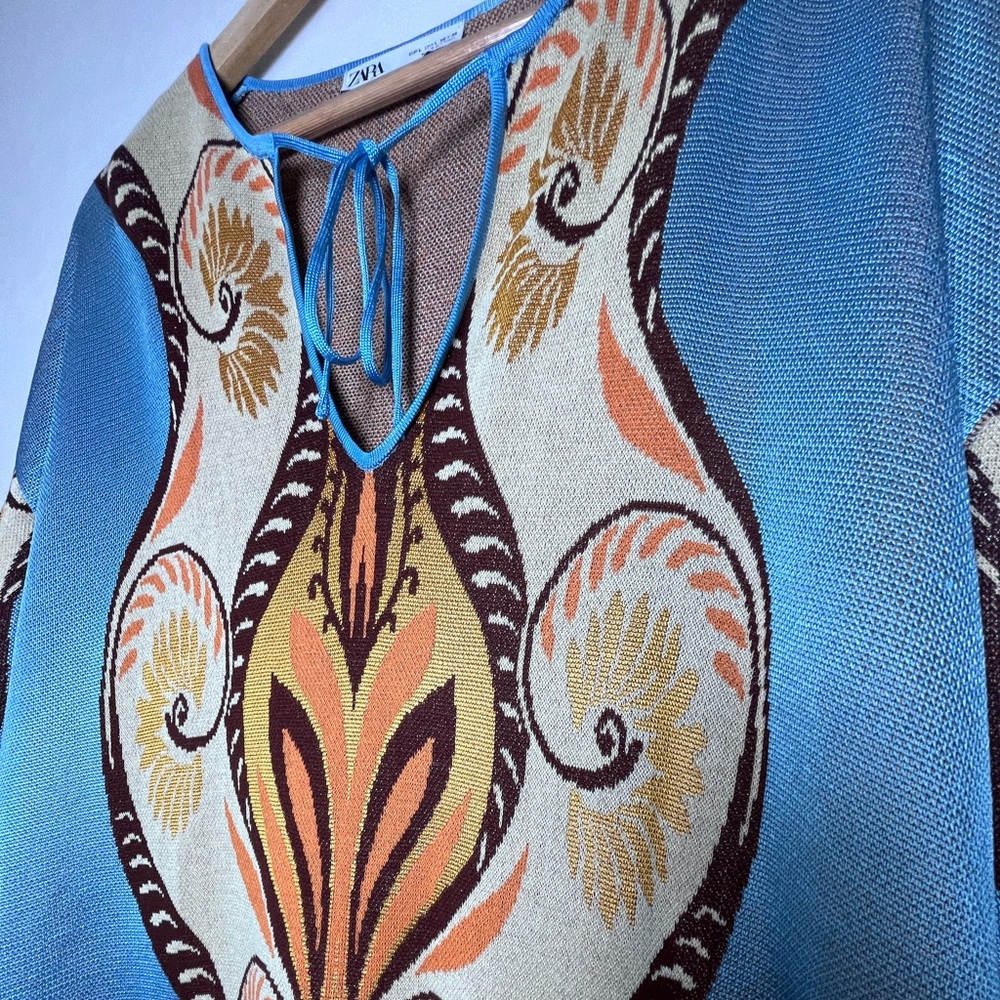 Zara Women’s Jacquard Knit Boho Hippie Tunic Sweater Dress Tribal Print Sz L - Picture 3 of 6